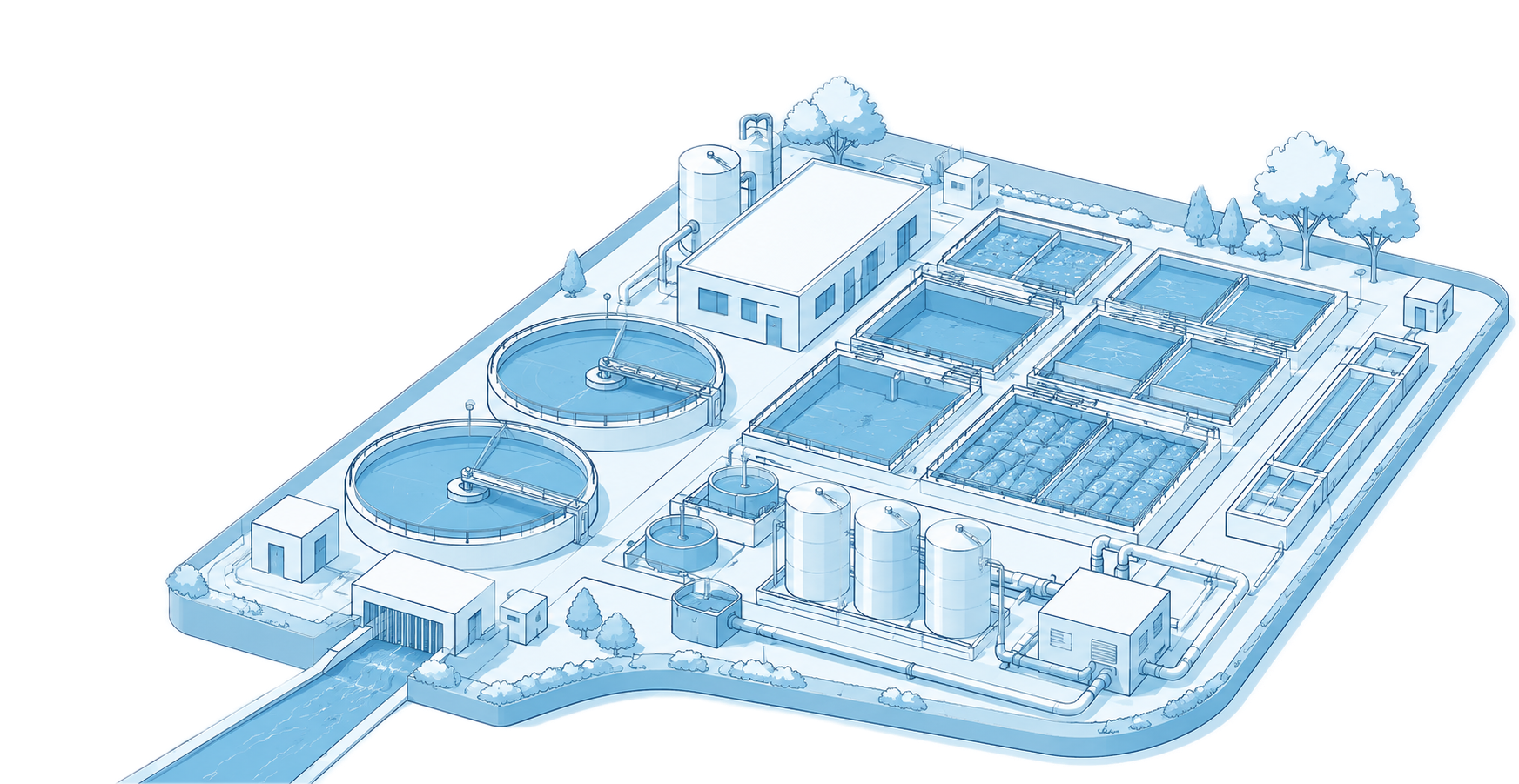 Isometric illustration of a Yimei industrial water treatment facility